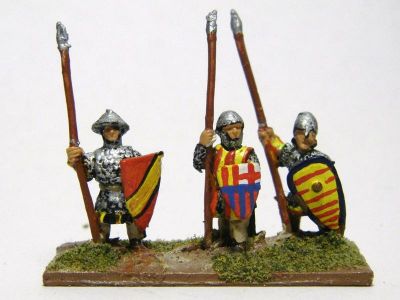 Catalan Almughavars 
Alain Touller Spearmen and Almughavars painted as armoured Catalans, some with FCB shields for added Catalan authenticity. 
Keywords: Catalan medfoot