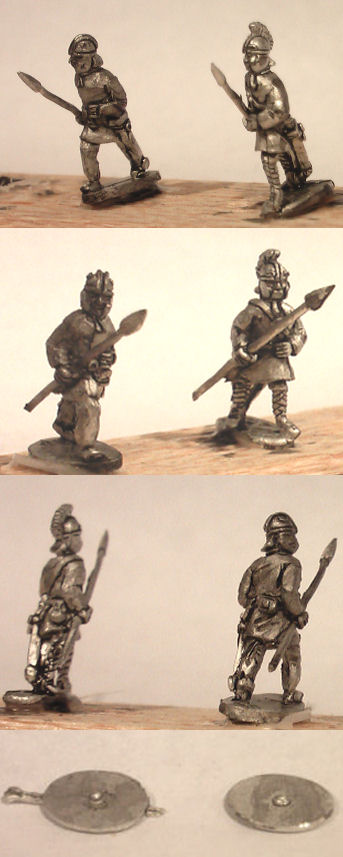 LIR Unarmoured infantry advancing
Figures from [url=http://khurasanminiatures.tripod.com/]Khurasan Miniatures[/url], pictures reproduced with their permission. LIR Unarmoured infantry advancing, lancea, ridged helmet (x 4)
Keywords: LIR