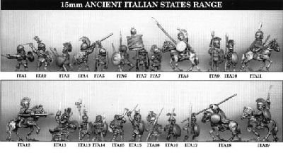 Ancient Italian States Range from Tin Soldier
Range from Tin Soldier. For figure codes see their website at [url=http://www.tinsoldieruk.com/]Tin Soldier UK[/url]
Keywords: ERR etruscan