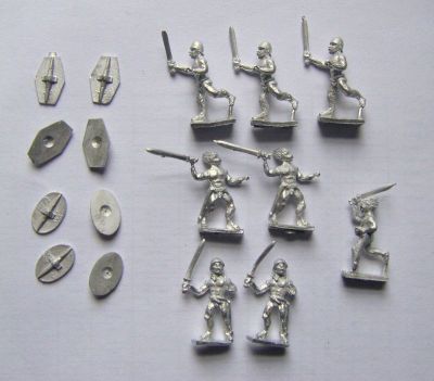 Unclothed Gallic Warriors from Fantassin
Shots of new Gallic range (pack code AGL-03) from Fantassin / [url=http://www.warmodelling.com]Warmodelling.com[/url] showing pack contents - separate shields. Packs with spears come with separate spears also, which are of the same pliable metal as the figures. 
Keywords: Gallic Galatian