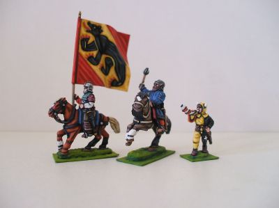 1450-90 Swiss Commander 
Swiss from [url=http://www.legio-heroica.com]Legio Heroica[/url] images provided by the manufacturer. Commander (Niklaus Von Scharnachtal) and standard bearer mounted / Uri's hornist on foot
Keywords: Swiss