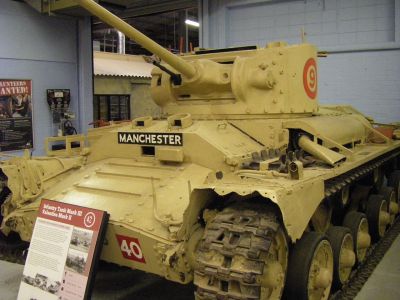 Mk II Valentine
Until the Valentine name adopted in June 1941[10] known as "Tank, Infantry, Mark III" This model used AEC A190 131 hp 6-cylinder diesel engine. In order to increase its range, an auxiliary external fuel tank was installed to the left of the engine compartment.
