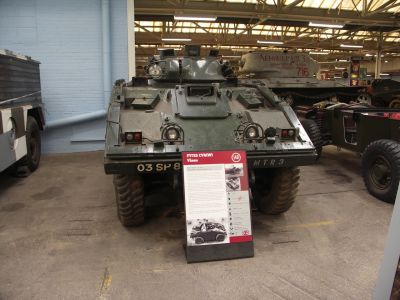 Vixen Armoured Car
The FV721 Fox Combat Vehicle Reconnaissance (Wheeled) (CVR(W)) was a 4x4 armoured car deployed by the British Army as a replacement for the Ferret scout car and the Saladin Armoured Car. The Fox was introduced into service in May 1973 and withdrawn in 1993/4. FV722 Vixen - Un-turreted version, was planned and trialled but never entered production. An example of the Vixen is held at the Bovington museum. Hull #2 is in restored & running condition in Australia.
